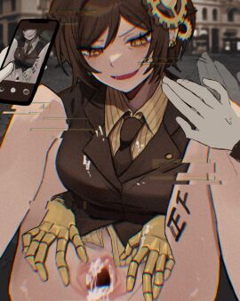 after_sex after_vaginal belt body_writing breasts brown_eyes brown_hair brown_necktie censored coat collared_shirt commentary_request cum earrings female gauntlets gears glitch highres jacket jewelry korean_commentary large_breasts limbus_company long_sleeves menodow390 mosaic_censoring necktie open_mouth outis_(project_moon) phone pinstripe_pattern pinstripe_shirt project_moon pussy shirt short_hair smile solo_focus spread_pussy t_corp_(identity)_(project_moon) tally time_stop tongue waving yellow_eyes yellow_shirt