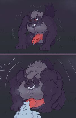 2_panel_comic animal_genitalia animal_penis anthro big_muscles big_penis bodily_fluids canid canine canine_genitalia canine_penis canis cum cumshot ejaculation excessive_cum excessive_genital_fluids genital_fluids genitals growth hi_res huge_cock huge_muscles hyper hyper_muscles male mammal muscle_growth muscles muscular mythological_canine mythological_creature mythology orgasm penis precum rikiya saliva solo transformation werecanid werecanine werecreature werewolf wolf