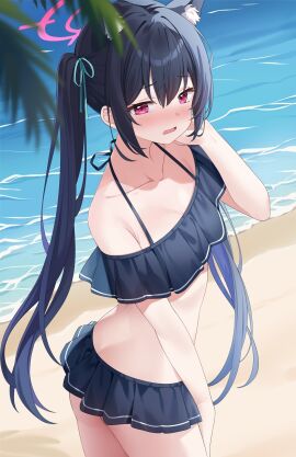 animal_ear_fluff animal_ears bare_shoulders bikini black_bikini black_hair blue_archive blush breasts cat_ears female halo highres hitsukuya long_hair looking_at_viewer microskirt multi_ear off_shoulder open_mouth red_eyes serika_(blue_archive) serika_(swimsuit)_(blue_archive) skirt small_breasts solo swimsuit thighs twintails