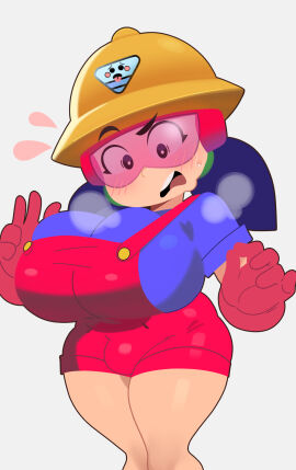 1futa blush blush_lines brawl_stars breast_expansion breast_growth breast_growth_(enlargement) breasts bulge bulge_under_clothes construction_helmet construction_worker futa_transformation futanari glasses gloves headgear intersex jacky_(brawl_stars) overalls postblue98 supercell transformation twintails