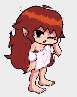 1girls auburn_hair barefoot cleavage eepy eye_bags feet female female_only friday_night_funkin full_body girlfriend_(friday_night_funkin) messy_hair off_shoulder sleepy solo solo_female t-shirt_only tagme white_shirt