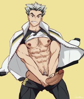 abs bara bokuto_koutarou erect_penis erection fight_boner haikyuu!! holding_penis idoraad jacket lilprincyvi male male_focus male_only muscular muscular_male muscular_thighs pecs pectorals penis proud_of_his_cock shirt_lift shirt_up smile solo solo_focus solo_male two-tone_hair volleyball_uniform yaoi