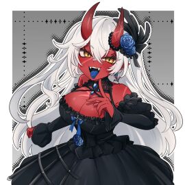 akumi bangs bare_shoulders black_dress bow breasts cleavage dark_skin dress earrings fangs female fingernails flower hair_between_eyes hair_flower hair_ornament horns jewelry large_breasts long_hair looking_at_viewer oni_horns open_mouth pointy_ears red_rose red_skin ribbon rose smile solo very_long_hair vyugen white_hair yellow_eyes