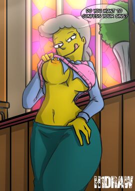1girls 20th_century_studios accurate_art_style breasts breasts_out church clothing dialogue female female_only grey_hair h1draw helen_lovejoy human looking_at_viewer nipple_piercing nipples piercing solo solo_female talking_to_viewer text text_bubble the_simpsons tongue yellow_body yellow_skin