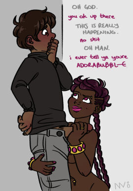 alien black black_skin braid braided_hair braids clothed clothed_male colored_skin dark_skin female hand_covering_mouth hand_over_mouth handjob homestuck homestuck_troll horn horns human humanization humanized humanstuck jeans karkat_vantas long_sleeve_shirt long_sleeves male meenah_peixes naughtyvixens nude nude_female piercing piercings princess royal royalty shirt short-haired_male short_hair t-shirt troll tshirt wholesome