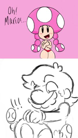 1boy 1girls blowjob blush blush_lines breasts covered_nipples covering_breasts deadmii dialogue female gloves grabbing_head hair implied_blowjob implied_oral male mario mario_(series) mob_face moustache mushroom_girl mushroom_humanoid nervous nervous_smile nintendo oral panties penis pink_background red_panties shiny_skin sucking sucking_penis text thick_thighs thighs toadette topless twintails worried worried_expression
