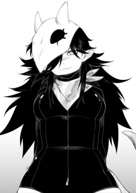 anowlette black_and_white black_hair breasts dragoon female femkhaz hair long_hair mask medium_breasts pointy_ears scarf tail