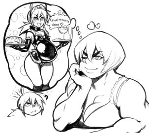 aniece belly daydream fantasizing female hyper_belly imagination imagining maid maid_headdress maid_uniform melody_(modeseven) modeseven muscular muscular_female nitrotitan pregnant pregnant_belly pregnant_female smile