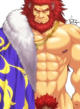 1boy abs animal_ears bara beard brown_eyes caineghis_(fire_emblem) cape commentary_request facial_hair fire_emblem fire_emblem:_path_of_radiance fire_emblem:_radiant_dawn fur-trimmed_cape fur_trim highres huge_muscles large_pectorals lion_ears male male_focus male_only male_pubic_hair muscles muscular muscular_male naked_cape navel nipples pectorals penis penis_out_of_frame pubic_hair red_hair shirako_(kirupi) simple_background solo white_background yaoi