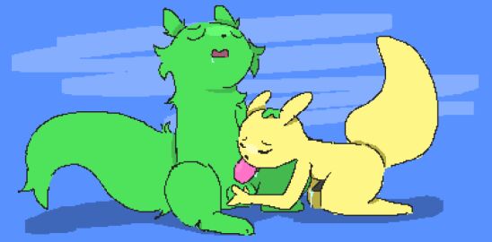 anthro ass ass_up aunluckyscug balls black_penis bodily_fluids closed_eyes dripping drooling duo fellatio fur genital_fluids genitals green_body green_fur looking_pleasured male male/male monk_(rain_world) oral penile penis pink_penis precum precum_drip rain_world raised_tail saint_(rain_world) saliva sex shaded simple_background simple_shading sitting size_difference slugcat tail touching_balls videocult yellow_body