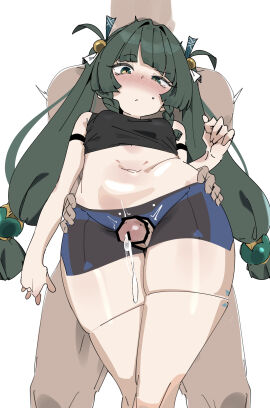 1boy 1girls absurdres arm_strap bar_censor black_shorts black_tank_top blue_shorts blush breasts censored female green_eyes green_hair hands_on_another's_hips highres hoyoverse long_hair looking_at_penis male midriff mihoyo mihoyo_technology_(shanghai)_co._ltd. navel new_eridu_public_security nose_blush ocha_(popopogg) penis precum qingyi_(zenless_zone_zero) shorts simple_background small_breasts solo_focus straight tank_top thigh_sex twintails two-tone_shorts white_background zenless_zone_zero