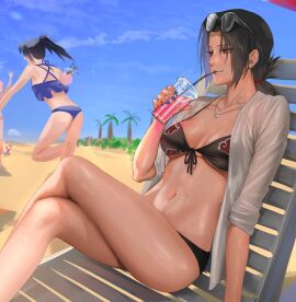 2girls ass back bikini black_bikini black_hair blue_bikini breasts brother brothers crossed_legs cup denggu_5 disposable_cup drinking drinking_straw eyewear_on_head feet_out_of_frame female genderswap genderswap_(mtf) glasses highres holding holding_cup jewelry legs long_hair medium_breasts midriff multiple_females multiple_girls naruto naruto_(series) navel necklace open_clothes open_shirt ponytail rule_63 sasuke_uchiha sasuko shirt siblings sisters stomach swimsuit uchiha_itachi uchiha_sasuke white_shirt