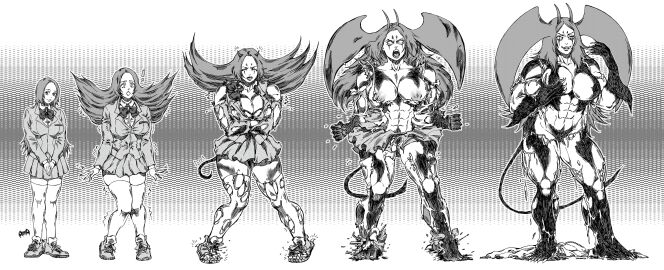 1girls abs akuja-dream antennae athletic athletic_female bat_wings big_breasts black_and_white bleach breast_expansion breast_growth breast_growth_(enlargement) breasts calf_muscles clawed_fingers claws corruption crossover demon demon_girl demon_tail deviantart devilman devilman_lady eight_pack female fit fit_female fur inoue_orihime monochrome muscle_growth muscles muscular muscular_arms muscular_female muscular_legs muscular_thighs ripped_clothing ripped_pants school_uniform schoolgirl sequence sequential smiling transformation