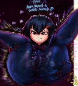 1girls asian asian_female black_hair body bodysuit brown_eyes cameltoe dialogue español female female_only krysher marvel marvel_comics peni_parker presenting presenting_pussy pussy pussy_outline skin_tight spanish_text spider-man_(series) spread_legs steamy steamy_pussy text thick_thighs thigh_grab