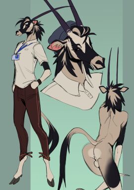 absurd_res antelope anthro ass balls bottomwear bovid clothing collared_shirt ear_piercing gemsbok genitals grazing_antelope hat headgear headwear hi_res hooves horn id_card male mammal nude nude_anthro nude_male oryx pants piercing presenting presenting_hindquarters shirt slim slim_male solo tail topwear twistedteeth