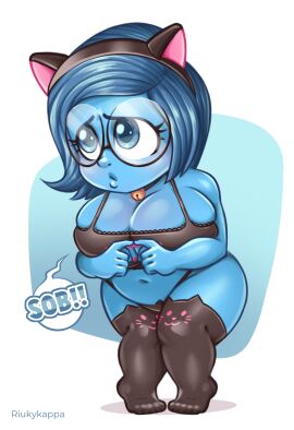 1girls alternate_costume blue_eyes blue_hair blue_skin boob_window breasts cat_cutout embarrassed fake_animal_ears female full_body huge_breasts inside_out riukykappa sad sadness_(inside_out) thighhighs