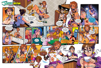 5girls 6+boys afro beer_bottle beer_can beer_mug big_breasts black_hair blonde_hair blue_eyes blue_hair braided_hair braided_ponytail breasts brown_hair cafe cassandra_garcia cindy_(darkereve) clothed clothed_female coffee coffee_mug comic comic_page dancing dark-skinned_female dark-skinned_male dark_skin darkereve dialogue english_text female fit fit_female giant_breasts glasses green_hair half-naked half_naked hi_res jagua_tales jagua_tales_(comic) joana_dolores light-skinned_female light_skin male maya_diva medium_breasts miniskirt mole_on_breast mole_under_eye mp3_player panties pink_hoodie pink_panties pregnant pregnant_female purple_eyes restaurant revealing_clothes revealing_outfit rhythm speech_bubble tan-skinned_female tan_body tan_skin tania_serrata tripped waitress waitress_outfit waitress_uniform