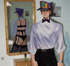1boy dilf funny jojo's_bizarre_adventure jotaro_kujo lingerie male male_only meme mirror mirror_reflection sanyafarkm shitpost solo stone_ocean