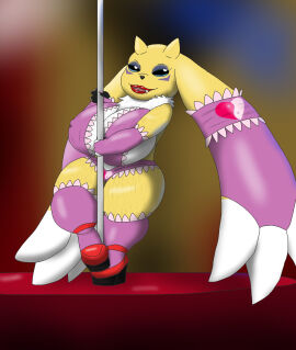 alythewolfcat anthro armwear bandai_namco big_breasts breasts clothing digimon digimon_(species) ear_hands elbow_gloves female fenekmon footwear frilly frilly_clothing gloves handwear hi_res high_heels horn huge_breasts hybrid legwear lopmon makeup nipple_outline pole renamon shoes short_stack sling_bra solo stockings stripper_pole what