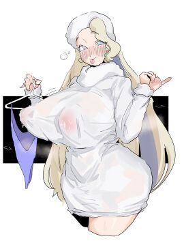 1girls arms_up bikini bikini_bottom blue_bikini blue_bikini_bottom blue_eyes blue_hair blush blush_lines breasts dress earrings erect_nipples_under_clothes female fur_collar fur_hat fur_trim green_earrings hanger_(object) hat large_breasts leaking leaking_milk leaking_nipples leebongchun lips lipstick long_hair looking_at_viewer mature_female melony_(pokemon) milf mother nature nipple_bulge nipples nipples_visible_through_clothing pink_lips pink_lipstick pokemon pokemon_ss see-through see-through_clothing skindentation smile solo streaked_hair sweater sweater_dress tight_clothing two-tone_hair very_long_hair wet_clothes wet_clothing white_dress white_hair white_sweater