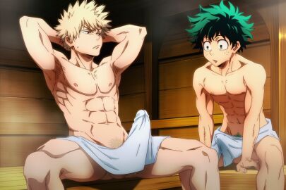 2boys 2males abs ai_generated erection erection_under_clothes gay gilxxgamesh hunk izuku_midoriya katsuki_bakugou male male_only muscular_male my_hero_academia penis_under_clothes sauna yaoi