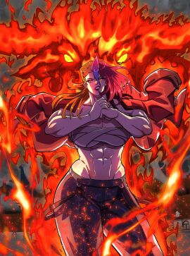 1girls 2025 2d 2d_(artwork) abs athletic_female aura bandaged_chest beast clothing commission commission_art construct cracking_knuckles dejovanna energy energy_construct fantasy_world female female_only fire_background flame flames ginger_hair glowing_eyes half_naked human human_only jacket jacket_on_shoulders long_pants looking_at_viewer mature_female monster multicolored_hair muscle_mommy muscles muscular muscular_female orange_hair original original_character outside purple_hair questionable red_hair sfw solo solo_female superpowers tomboy tomboy_milf topless urban violet_hair