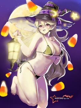 bikini blush breasts broom_riding constellation crescent_moon earth_(planet) female food full_moon galaxy halloween halloween_costume happy_halloween hat holding_lantern jack-o'-lantern lantern large_breasts long_hair micro_bikini moon moonlight navel night night_sky open_mouth paper_lantern planet pumpkin red_eyes shooting_star side-tie_bikini side-tie_panties sky smile solo space star_(sky) star_(symbol) starry_sky starry_sky_print swimsuit witch witch_hat