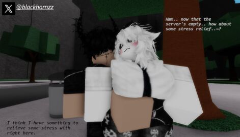 1boy 1girls 3d big_breasts black_hair blackhornzz breasts clothed dialogue english_text female flirting foreplay hug_from_behind male outdoors roblox roblox_avatar roblox_game robloxian tagme teasing text the_strongest_battlegrounds thick_thighs twitter_username white_hair white_skin