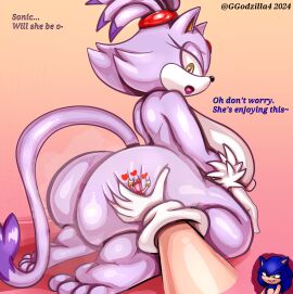 absurd_res amy_rose anthro ass big_ass big_breasts big_butt blaze_the_cat blue_body breasts clothing dialogue domestic_cat english_text eulipotyphlan feet felid feline felis female female/female generalgodzilla gloves green_eyes group hair handwear heart_symbol hedgehog hi_res huge_ass huge_breasts huge_butt kneeling macro male mammal micro nude nude_female pink_body ponytail purple_body sega smothering sonic_(series) sonic_the_hedgehog sonic_the_hedgehog_(series) tail text trio yellow_eyes