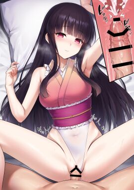 1boy absurdres bar_censor bed black_hair blunt_bangs censored cervix closed_mouth clothed_female_nude_male clothed_sex commentary_request commission cross_section cum cum_in_pussy cum_in_uterus ejaculation female henria highres houraisan_kaguya japanese_clothes kaguya_houraisan kimono long_hair looking_at_viewer lying male nude on_back on_bed orange_kimono penis pillow pillow_grab pov pov_crotch pussy red_eyes skeb_commission sleeveless sleeveless_kimono touhou touhou_tag_dream vaginal_penetration x-ray