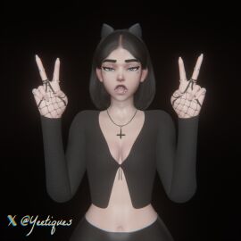 3d breasts female female_only fishnets french_tip goth green_eyes kiriko_(overwatch) kiriko_kamori necklace overwatch overwatch_2 peace_sign piercings rings skinny small_breasts tongue tongue_out upside_down_cross yeetiques