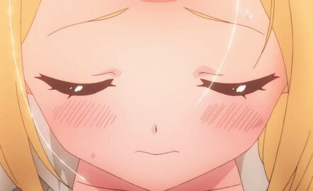 1boy 2022 20s animated animated_gif blonde_hair blush breasts cleavage closed_eyes collarbone enome female futoku_no_guild huge_breasts male mature_female naked_shirt no_bra shirt sweat tagme white_shirt