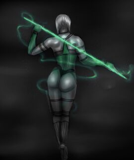 1girls 2d ass back_view bare_shoulders bob_cut female gloves green_clothing highheels holding_object holding_weapon khameleon leggings leotard light-skinned_female light_skin mortal_kombat mortal_kombat_1_(2023) netherrealm_studios pale-skinned_female pale_skin pole short_hair skin_tight sleeveless solo solo_female standing thong warner_brothers white_hair