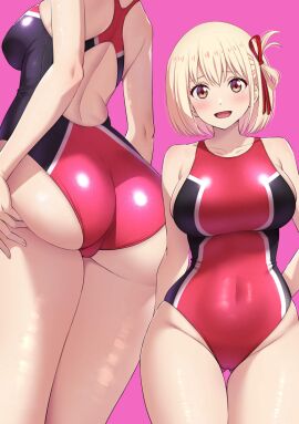 1girls ass ass_visible_through_thighs big_breasts blonde_hair breasts bubble_ass bubble_butt female female_human gymnastics human large_breasts leotard light-skinned_female light_skin lycoris_recoil mibushiro nishikigi_chisato one-piece_swimsuit short_hair sideboob slim_waist thighs wide_hips