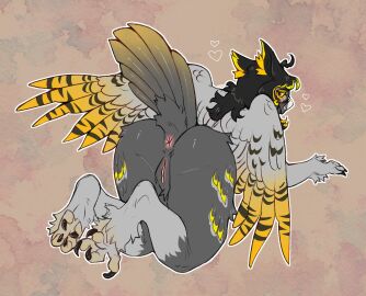 anthro anus ass avian bird butt_focus claws feathers feet female foot_focus genitals grey_body heart_symbol hi_res horned_owl kinksiyo looking_at_viewer looking_back outstretched_wings owl presenting presenting_hindquarters pussy solo solo_focus toe_claws true_owl vulva willow_(fidel) wings yellow_body yellow_eyes
