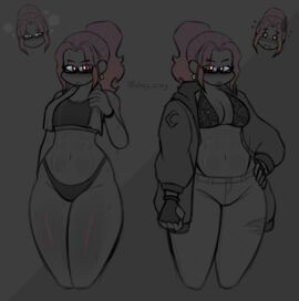 abs bikini breasts buff coy_doy crescent eyebrow_piercing female female_focus female_only fit fit_female glasses jacket looking_at_viewer medium_breasts multicolored_hair muscles muscular muscular_female oc original original_character six_pack sports_bra sports_panties sweat sweaty thick_thighs towel towel_around_neck