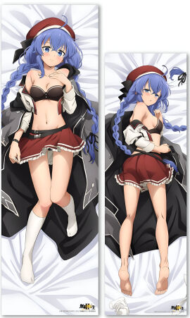 1girls ass bare_belly bare_legs bare_shoulders bare_thighs barefoot bed_sheet belly_button blue_eyes blue_hair blush body_blush bra breasts cleavage collarbone dakimakura dakimakura_design embarrassed exposed_feet feet female female_only hat holding_skirt jacket_removed long_hair lying lying_on_stomach mole mouth_closed mushoku_tensei official_art open_mouth roxy_migurdia sideboob skirt small_breasts socks socks_removed soles solo thighs toes twintails white_socks
