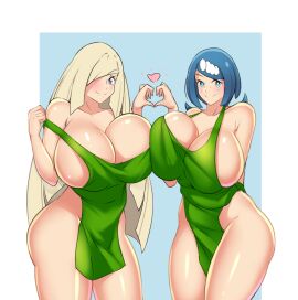 2girls apron apron_only big_breasts blonde_hair blue_eyes blue_hair breast_to_breast breasts cleavage female female_only game_freak green_apron hair hair_over_one_eye heart heart_hands hips huge_breasts lana's_mother_(pokemon) long_hair lusamine_(pokemon) mangakay84 mature mature_female mature_woman milf mother pokemon short_hair smile thighs wide_hips