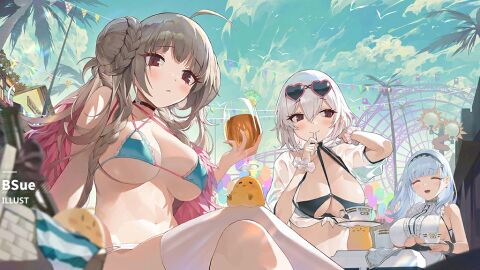 3girls ahoge aqua_bikini ass azur_lane bare_shoulders big_ass big_breasts bikini bird black_bikini blue_bikini blue_hair blue_sky blush braid braided_bun breasts brown_hair chick choker cleavage closed_eyes closed_mouth clothing_cutout cloud criss_cross_halter crossed_legs cup day dido_(azur_lane) double_bun drinking drinking_glass eyewear_on_head feather_boa female ferris_wheel finger_to_mouth food formidable_(azur_lane) frills game grey_hair hair_between_eyes hair_bun hairband halterneck hand_up heart heart_shaped_eyewear holding holding_cup large_breasts long_hair looking_at_viewer maid multi-strapped_bikini_bottom multi-strapped_bikini_top multiple_females multiple_girls navel o_ring o_ring_bikini official_alternate_costume official_art open_mouth outdoors palm_tree pink_choker pink_framed_eyewear red_eyes scrunchie see-through shirt short_hair short_sleeves single_thighhigh sirius_(azur_lane) sitting sky sleeveless sleeveless_shirt smile stomach string_bikini sunglasses swimsuit thighhighs tree twintails underboob underboob_cutout very_long_hair white_hair white_scrunchie white_shirt white_thighhighs wrist_scrunchie