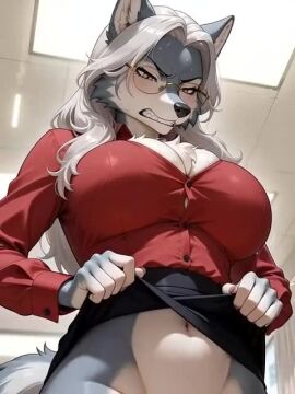 ai_generated animated anthro belly big_breasts black_bottomwear black_clothing black_skirt bottomwear breasts canid canine canis clothed clothing clothing_lift embarrassed eyewear female fur goggles grey_body grey_fur hair holding_bottomwear holding_clothing holding_object holding_skirt huge_breasts inside jacket lamp looking_at_viewer mammal multicolored_body multicolored_fur pouting red_clothing red_jacket red_topwear short_playtime silver_hair skirt skirt_lift sound_warning tagme teeth topwear video white_body white_fur wolf yellow_eyes