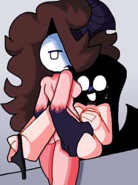 ambiguous_gender ambiguous_penetration breasts covering_breasts female spread_legs