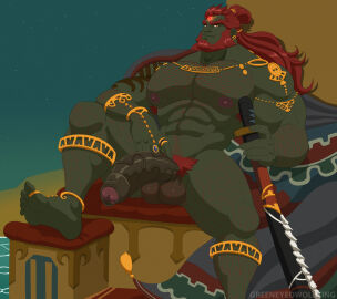 balls bara beard big_balls big_penis boner erection facial_hair foreskin ganondorf ganondorf_(tears_of_the_kingdom) gerudo green_body green_skin greeneyedwolfking male male_only muscles muscular nintendo nude penis red_hair sitting solo solo_male tears_of_the_kingdom the_legend_of_zelda uncircumcised unretracted_foreskin yaoi