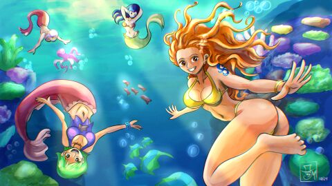 4girls arm_tattoo ass big_ass big_breasts bikini blue_tattoo bracelet breasts bubbles camie camie_(one_piece) character_request cleavage feet female female_only freediving human humanoid jewelry looking_at_viewer merfolk mermaid mermaid_tail metalytar multiple_females multiple_girls nami_(one_piece) navel necklace ocean one_piece orange-haired_female orange_hair sea small_breasts swimming swimsuit tail tattoo thong thong_bikini underwater water yellow_bikini yellow_swimsuit yellow_thong