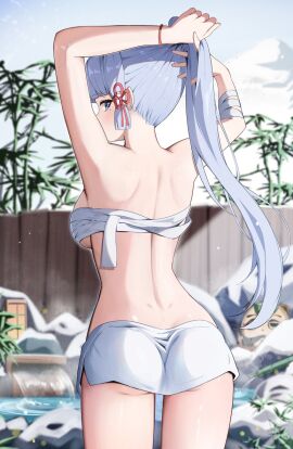 1girls 2024 2d 2d_(artwork) arms_up back back_view backboob bandages bandages_around_breasts bandages_around_chest bathing blue_eyes blue_hair blush breasts day female female_focus female_only genshin_impact hot_spring hoyoverse kamisato_ayaka light-skinned_female light_skin long_hair looking_at_viewer looking_back looking_back_at_viewer medium_breasts mihoyo mole mole_under_eye outdoors ponytail slim_female snow solo solo_female solo_focus standing towel water winter yeni1871 young younger_female