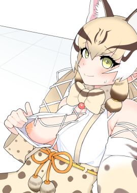 1girls absurdres animal_ears bow bowtie breasts cat_ears cat_girl female female_only geoffroy's_cat_(kemono_friends) green_eyes grey_hair highres kemono_friends kemono_friends_v_project large_breasts long_hair looking_at_viewer medium_breasts microphone multi_ear nipples ollie_(ollie_stratos) one_breast_out open_clothes puffy_nipples ribbon shirt simple_background skirt solo suspenders twintails virtual_youtuber