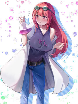 blush breast_expansion breast_growth breast_growth_(enlargement) breasts chestnut_mouth expansion expansion_sequence female goggles goggles_on_head holding_object huge_breasts labcoat mklucas39 original original_character red_eyes red_hair scientist someone_else's_oc vial