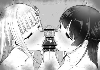 1boy 2girls absurdres blowjob_sandwich blunt_bangs blush braid breasts closed_eyes collaborative_fellatio collarbone commentary_request cooperative_fellatio crown_braid fellatio female ffm_threesome greyscale group_sex hair_ornament half-closed_eyes highres kaiman_garupan lize_helesta male medium_breasts monochrome multiple_females multiple_girls nijisanji nude oral precum precum_drip saliva straight sweat teamwork threesome tsukino_mito virtual_youtuber