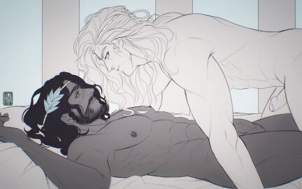 achilles_(hades) athletic athletic_male brown_skin canon_couple dark-skinned_male dark_skin erection european_mythology facial_hair flat_chest gay greek_mythology hades_(game) laurel_crown limited_palette long-haired_male long_hair love male male_only mythology nebulousvega nude nude_male patroclus_(hades) penis public_domain wholesome yaoi