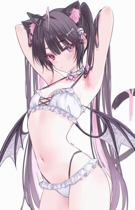 1girls armpits arms_up bikini cat_ears cat_tail collar female fluffy_ears heterochromia long_hair oc original original_character pink_eyes purple_eyes tail wings zxcsque