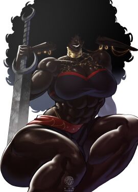 1girls abs alternate_version athletic athletic_female bahaal_(jinn_hunter) big_breasts breasts clothed clothed_female curly_hair dark-skinned_female dark_skin female female_focus female_only giant giant_female giant_woman giantess gold_jewelry happy happy_female kin_machina large_boobs large_breasts large_female mini_giantess muscular muscular_female smile smiling solo solo_female solo_focus sword toned toned_female